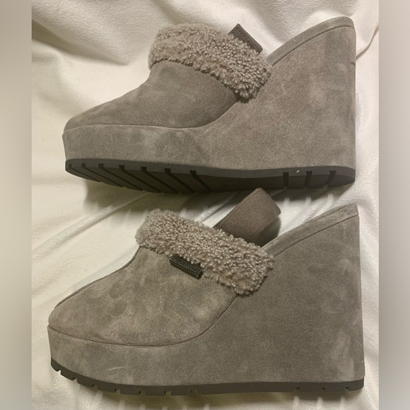 Brunello Cucinelli Suede Shearling Wedge Slingback Clogs Grey size EU 39 / US 9 - Picture 13 of 14